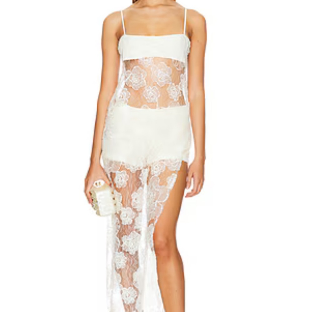 SIEDRES Ivory Floral Lace Maxi Dress with High Slit